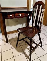 Kidney shaped desk with drawers and side chair;