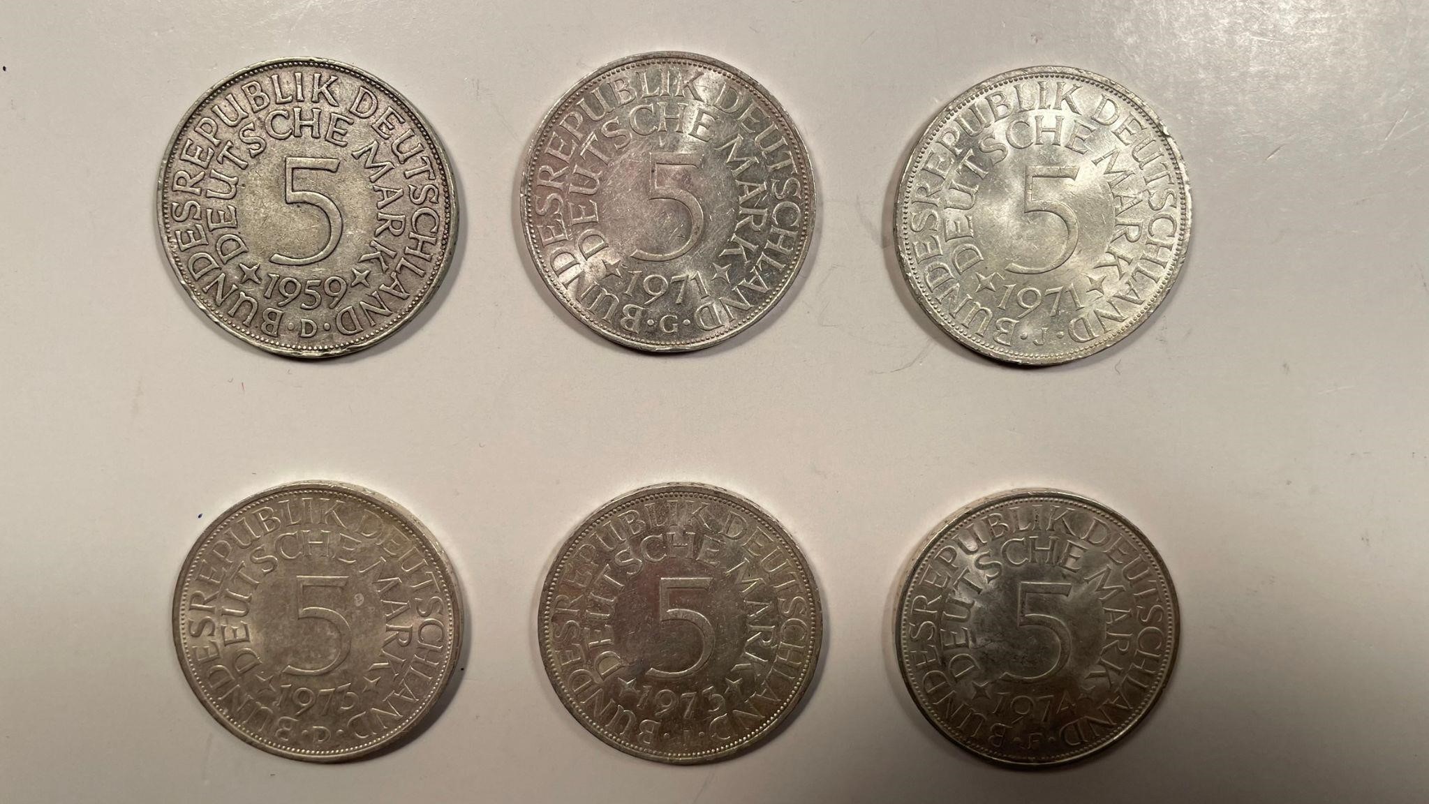 SIX 5 MARK GERMANY COINS CIRC. TO UNC.