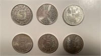 SIX 5 MARK GERMANY COINS CIRC. TO UNC.