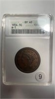 1854 N-1 LARGE CENT ANACS EF 40