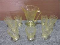 Yellow Depression Glass Pitcher and Glasses