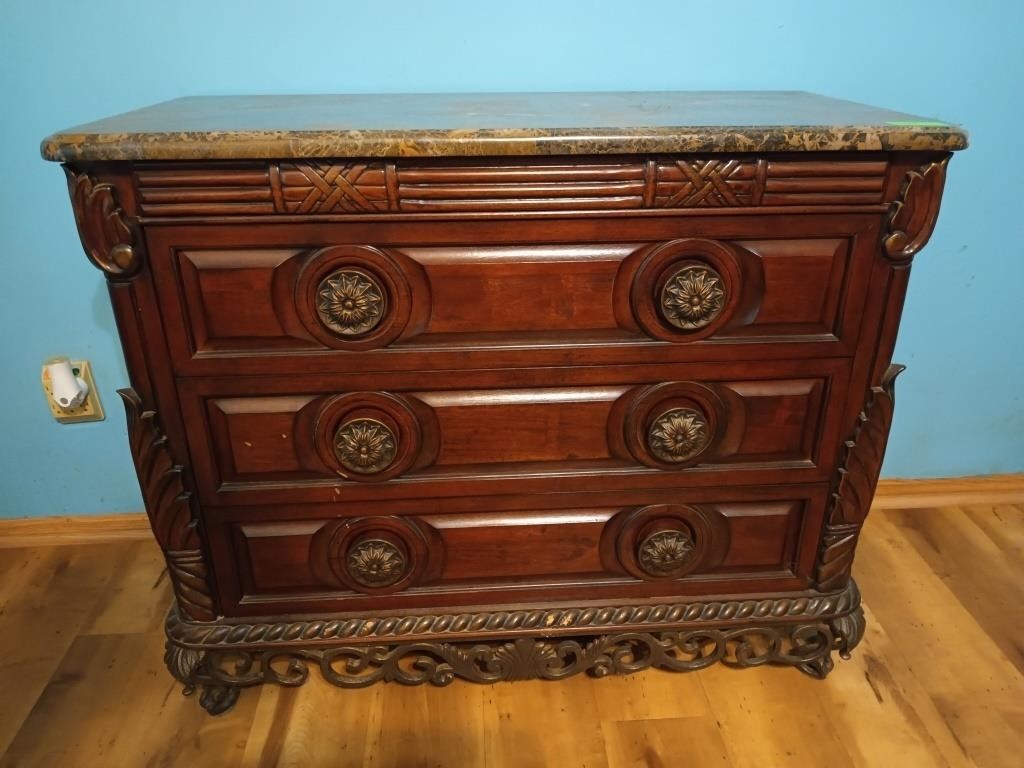 3 drawer carved mahogany chest with granite top