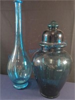 Blue glass vase and jar
