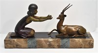 BRONZE SCULPTURE GIRL & GAZELLE ON MARBLE BASE