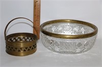 Cut Glass Bowl with Brass Rim & Brass Basket