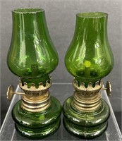 Vtg Mini Green Oil Lamp Pair -3-3/4"H