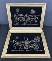 Vtg Gold Glittered Carriage Prints-Framed Velvet