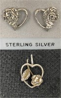 Sterling 925 Floral Heart Pendant & Post Earrings