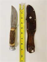 Vintage Bone Handle German Buck Knife in Leather