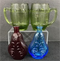 Mini lot-2 Weaton Bottles/2 Green Barrel Glasses