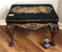 Vintage Wood Carved Embroidered Seat Stool Bench
