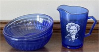 Antique Shirley Temple cobalt blue pitcher/bowls