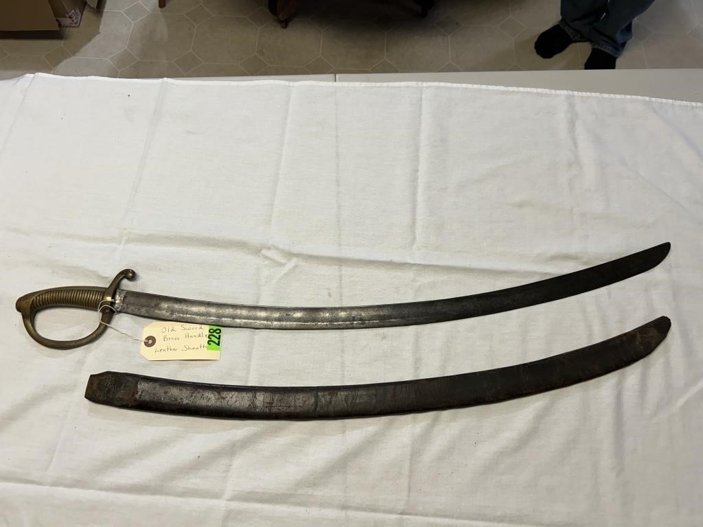 Old Sword w/Brass Handle & Leather Sheath