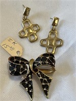 Vintage S.K. Black bow with rhinestones brooch