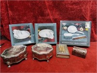 Silver plate trinket boxes, dishes, vanity set.