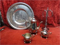 Silver plate tea set, towel holder, serving tray.