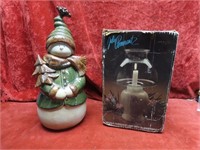 Pottery Snowman figure, Oil lamp.