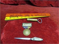 Belvidere Illinois Ruler, knife, medal, bottle ope