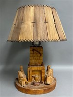 Wood Carved Quebec Lamp, Signed