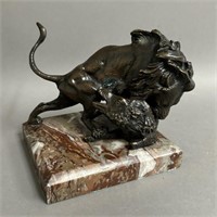 Bronze Sculpture Lion on Boar w/ Marble Base