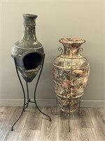 Painted Urn In Stand, Small Chiminea in Stand