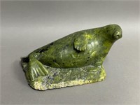 Green Soap Stone Seal Sculpture, Mark Pitsiulak