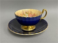 Cobalt Blue Fruit Painted Aynsley Cup and Saucer
