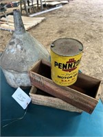 PENNZOIL OIL CAN,  LARGE FUNNEL , 2 WOOD BOXES