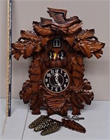 Cuckoo Clock-Wood/Hand Carved w Birds& Leaves-Note