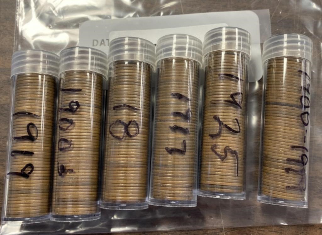 6 VINTAGE ROLLS OF WHEAT PENNIES IN CASES / SHIPS