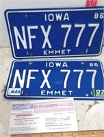 Pair of 1986 Iowa Lic. Plates -NFX777