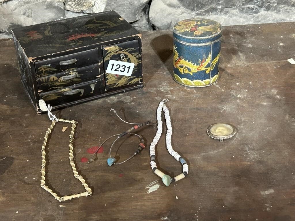 COLLECTION OF JEWLERY, BOX AND STASH CUP