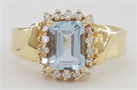 Emerald Cut Aquamarine & Round Diamond Ring 1 ct