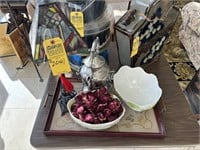 ASSORTED PIECES - LAMP, BOWLS, TEA KETTLE, TRAY