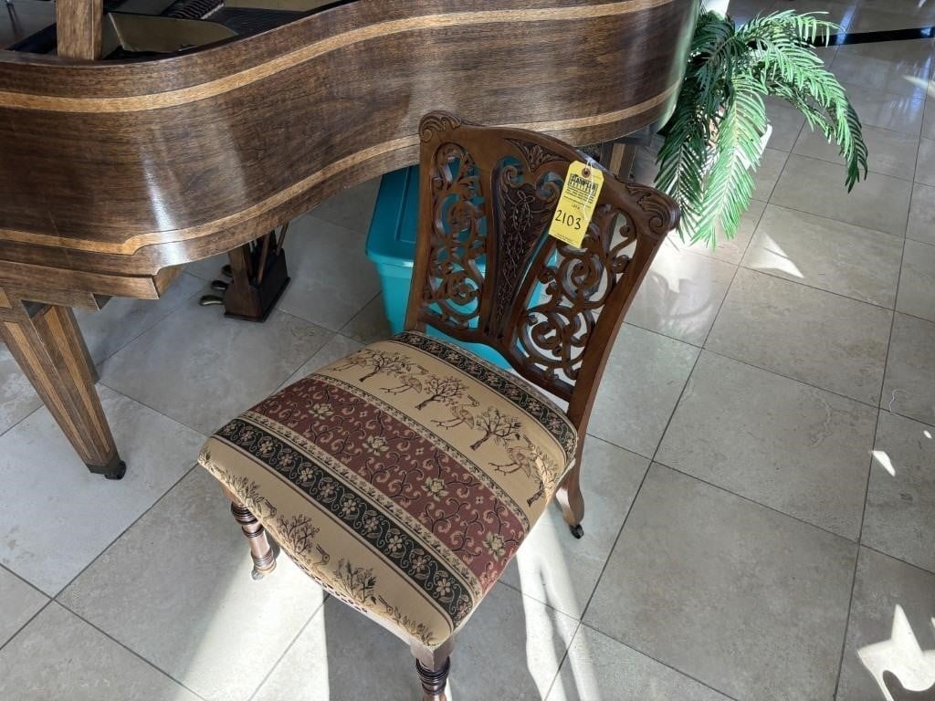 ANTIQUE ORIENTAL WOOD CHAIR WITH FABRIC CUSHIONS