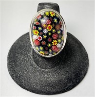 Lg. Solid Sterling Italian Millefiori Ring 14 Gram