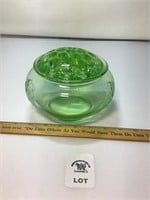 GREEN DEPRESSION  GLASS FERN BOWL WITH FROG