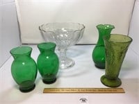 VINTAGE CLEAR COMPOTE, GREEN GLASS VASES