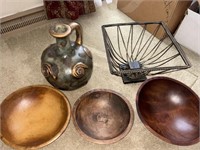 Pottery vase and wooden bowls, fruit holder