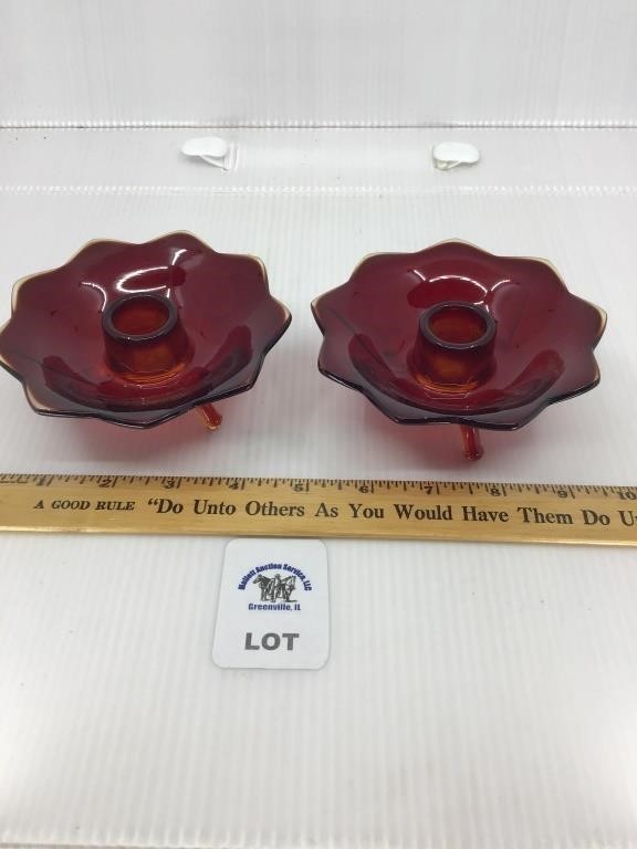 AMBERINA RUBY RED LOTUS SHAPED CANDLE HOLDERS 2
