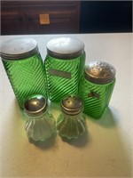 Green glass canisters, salt & Pepper shaker