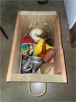 Wooden box with assorted funnels, oilers, tools