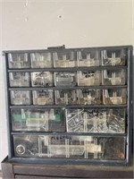 Small metal hardware bin with hardware