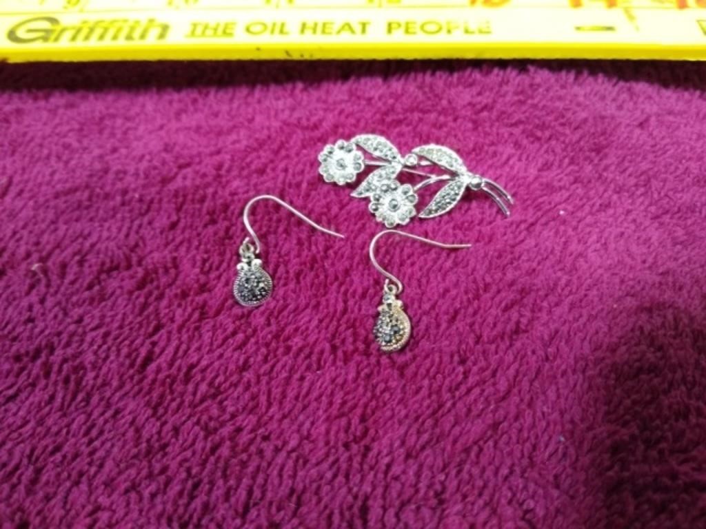 Silver Metal Floral Brooch & Drop Earrings Lot