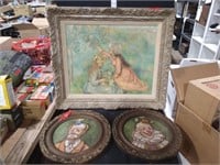 Vtg Framed Clown & Hanging Art Lot