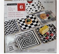 O & B Appetizer Square Plates, 6-Pc Set, Blck/Wht