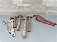 VARIETY OF HAMMERS / PAIR OF CRESCENT WRENCHES