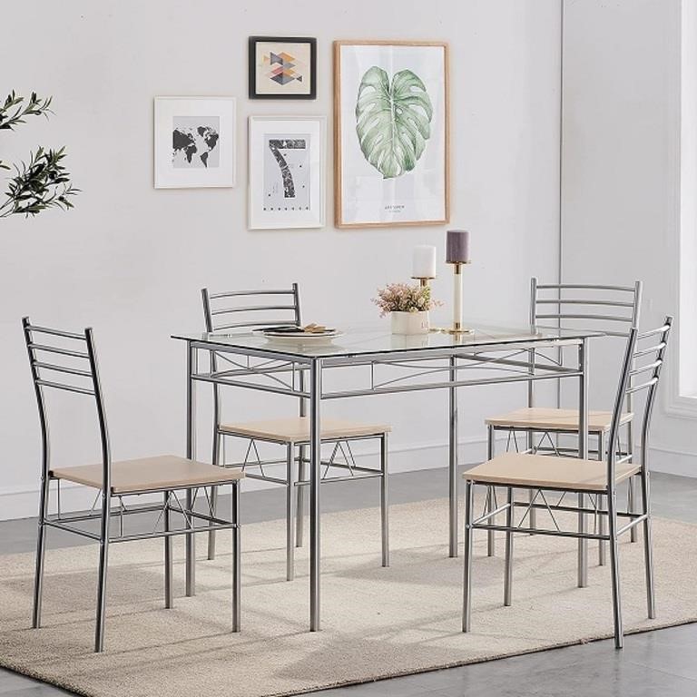 Dinning Table 5-Pc Set, Glass Top ,4 -Chairs-Silvr
