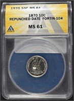 1870 SEATED LIBERTY DIME RPD F-104 ANACS MS-61