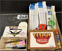 Mixed Lot Cigar Box with Advertising Pens & Pencil